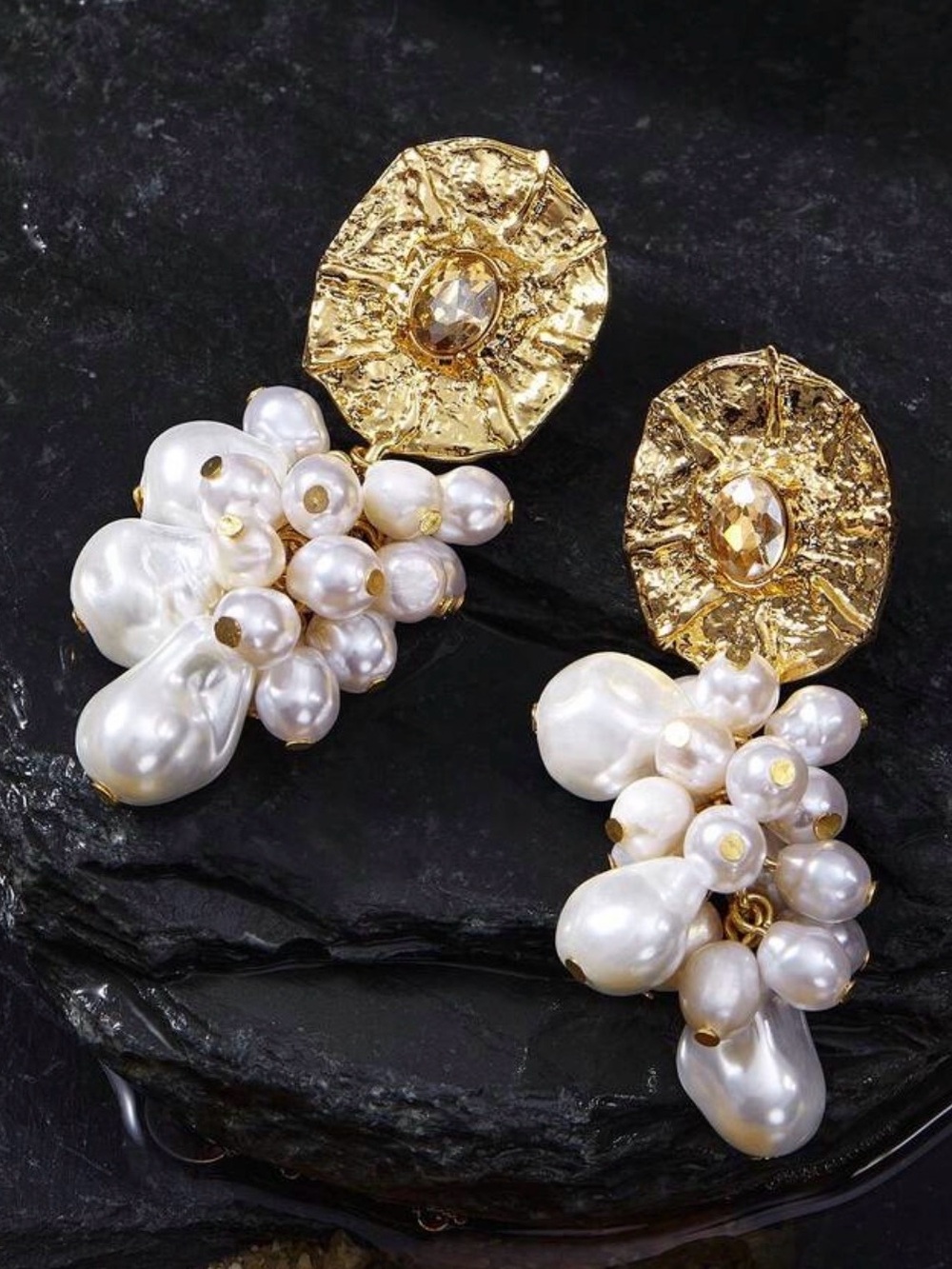 Gold and White Cluster Pearl Drop Earrings